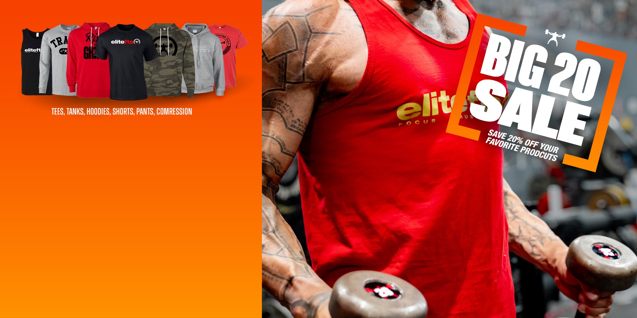 Man wearing a red tank top with 'elite' branding, holding dumbbells, and promotional text for a 'Big 20 Sale' on an orange background.