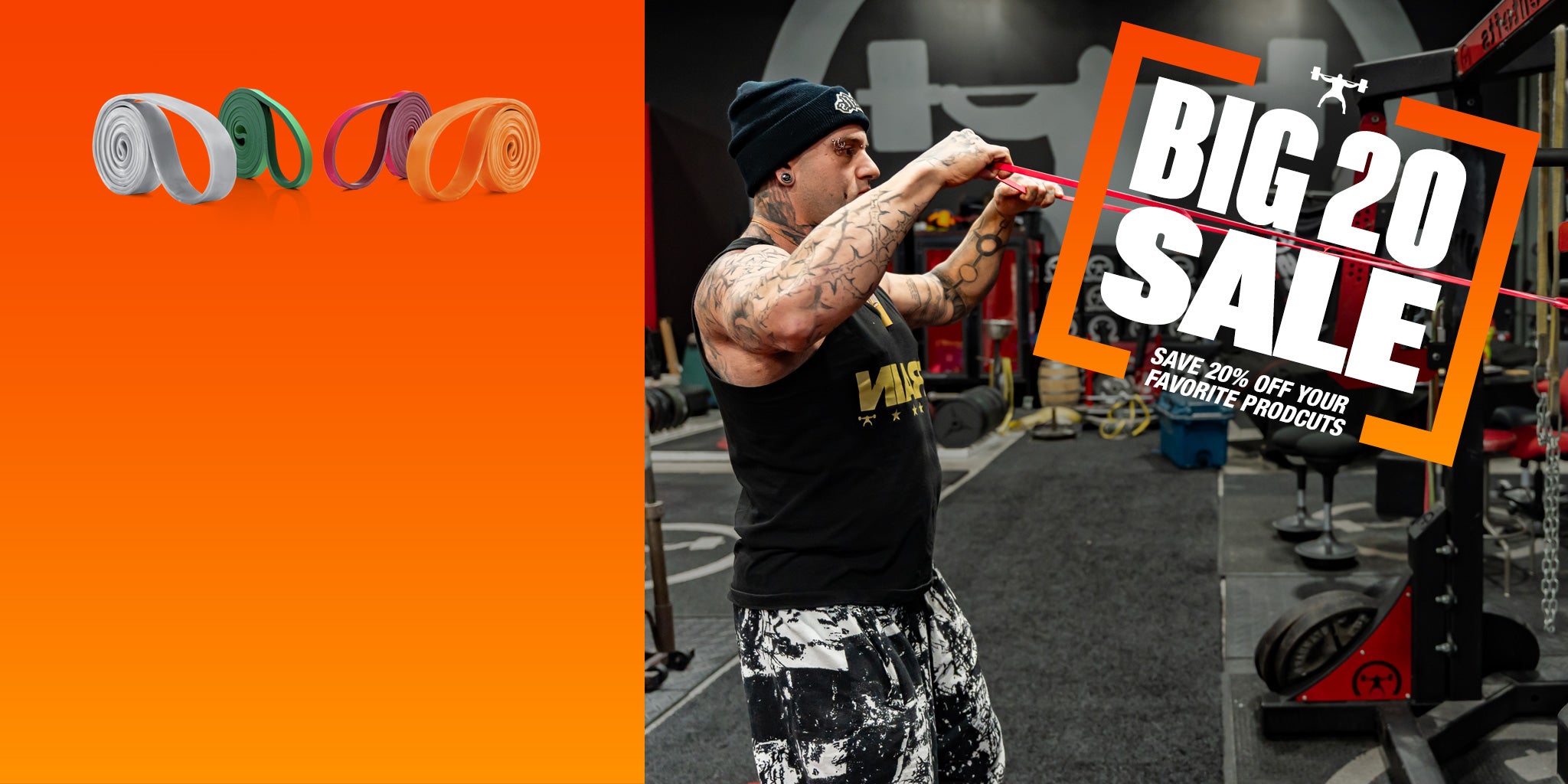 Man exercising with resistance bands in a gym, promotional banner for 'Big 20 Sale' on an orange background.