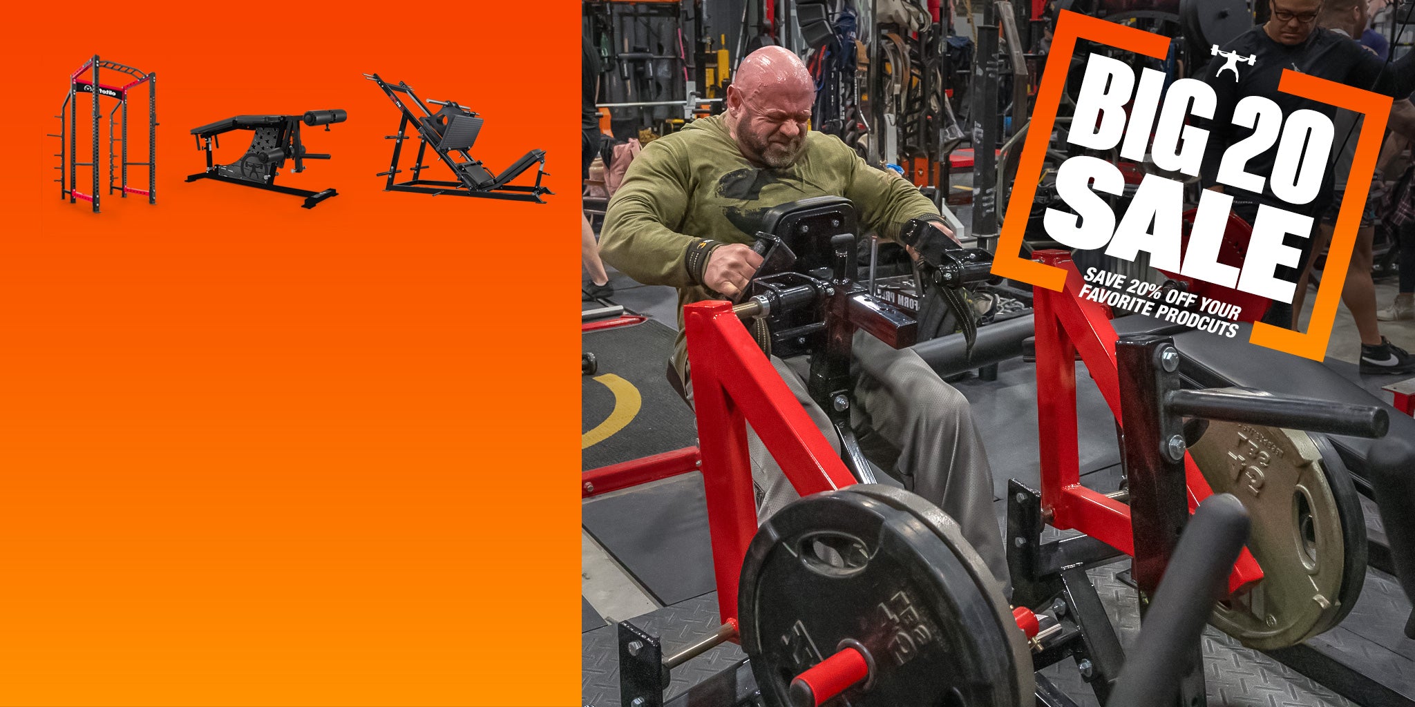 Gym equipment with a 'Big 20 Sale' sign in a gym setting