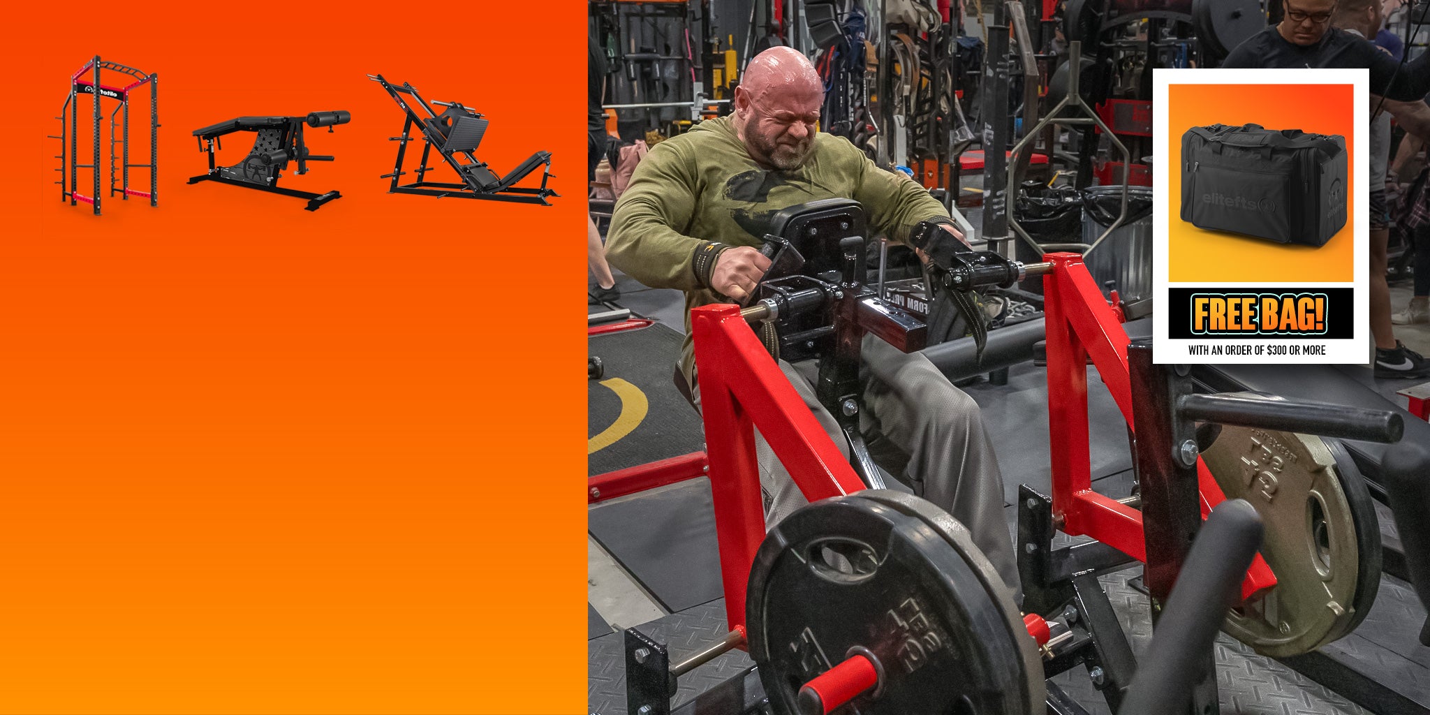 A man using a red and black home gym leg extension machine in a gym setting, with an orange graphic panel on the left showing three product angles and a promotional 'FREE BAG!' inset on the right.