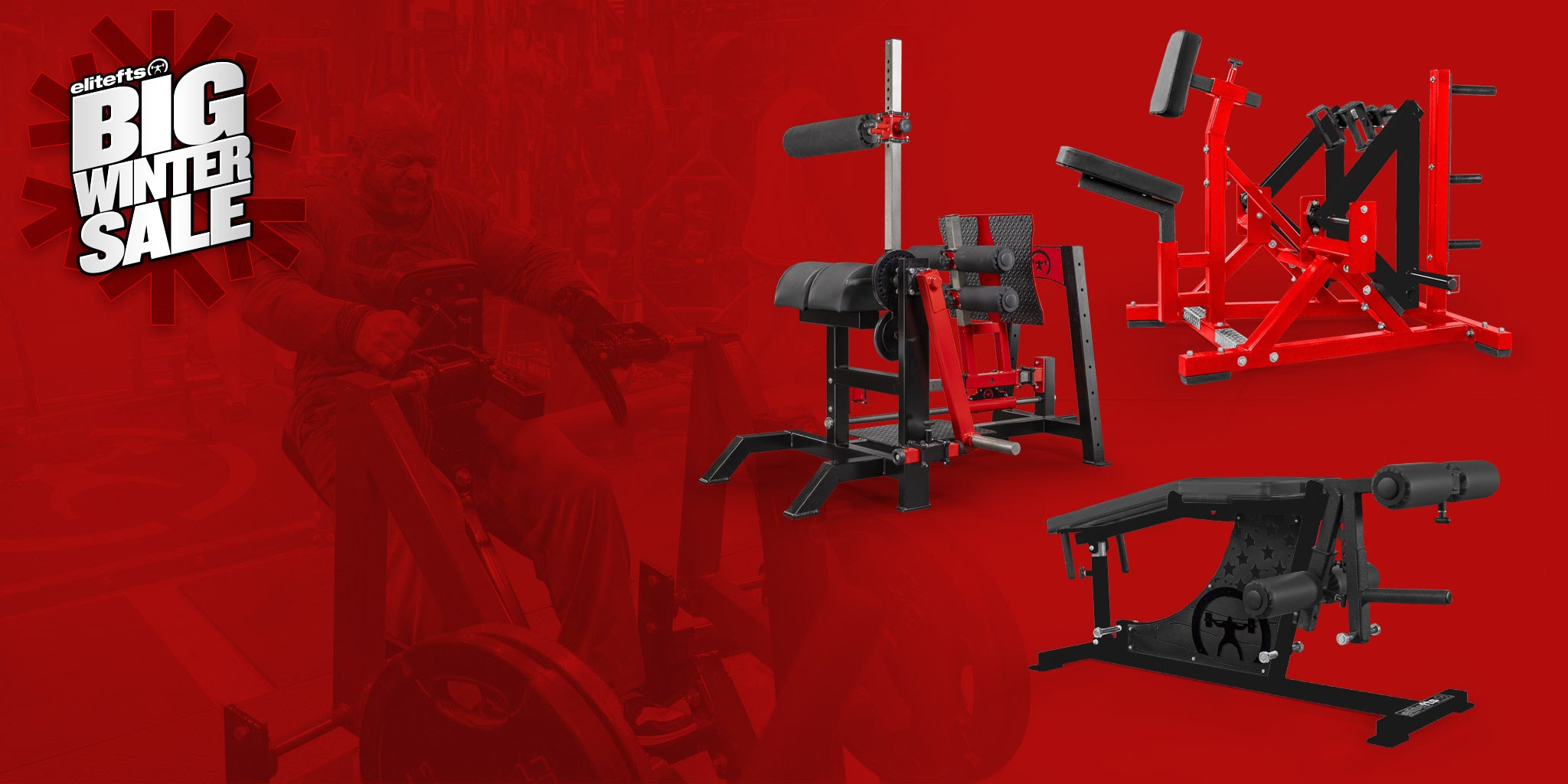 Fitness equipment on a red background with 'Big Winter Sale' text.