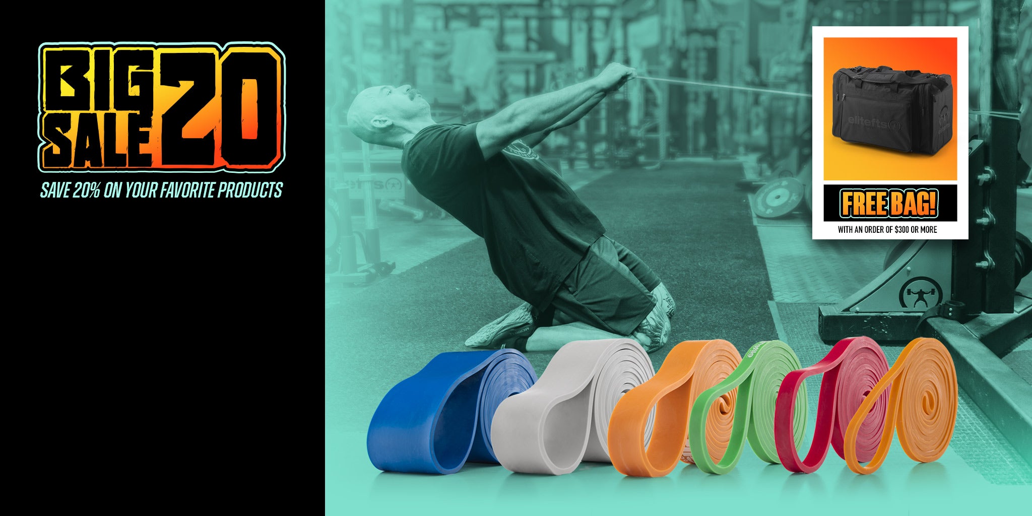 Promotional banner for a fitness resistance band set, featuring multiple rolled bands in blue, white, orange, green, red, and pink in the foreground, a gym scene with a person using a band in the background, a black storage bag, and sale text reading 'BIG SALE 20' plus a 'FREE BAG' inset.