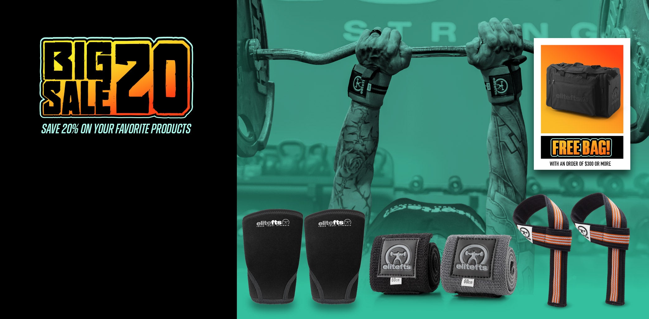 Promotional graphic for a fitness accessory bundle featuring knee pads, wrist wraps, and a free bag. The image is split into a black left section with 'BIG SALE 20' text and a green-tinted right section showing a person lifting a barbell in the background, with product cutouts of black knee pads, black wrist wraps, and black/orange strap wraps at the bottom.
