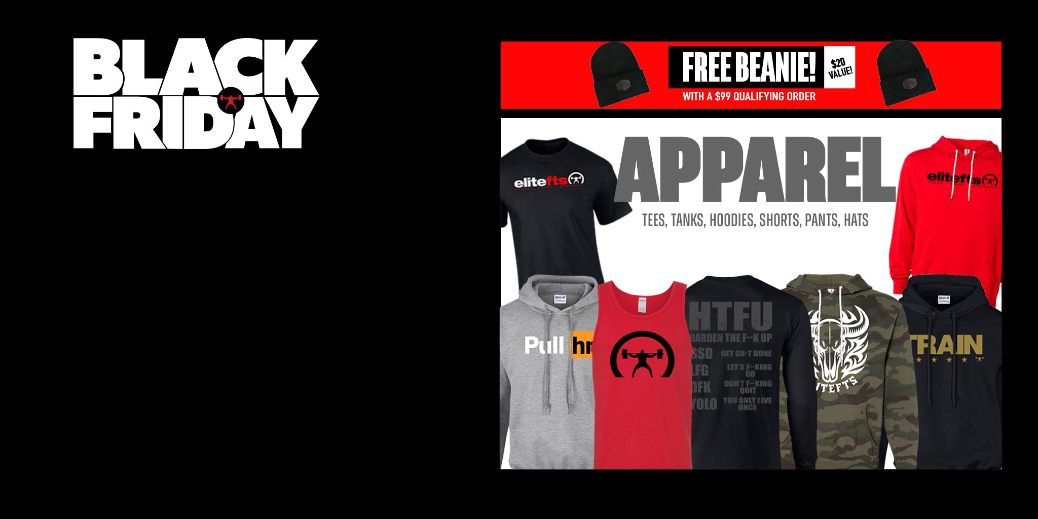 Black Friday advertisement with apparel and free beanie offer on a black background