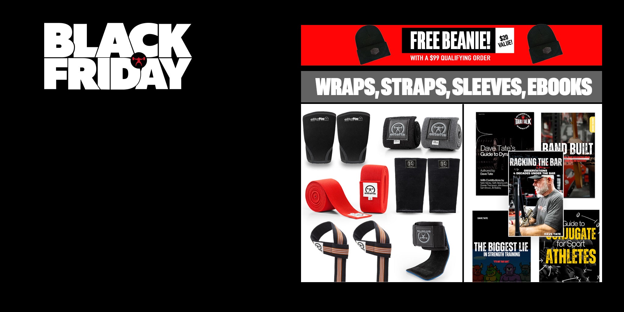 Black Friday sale advertisement with fitness equipment and digital content on a black background.