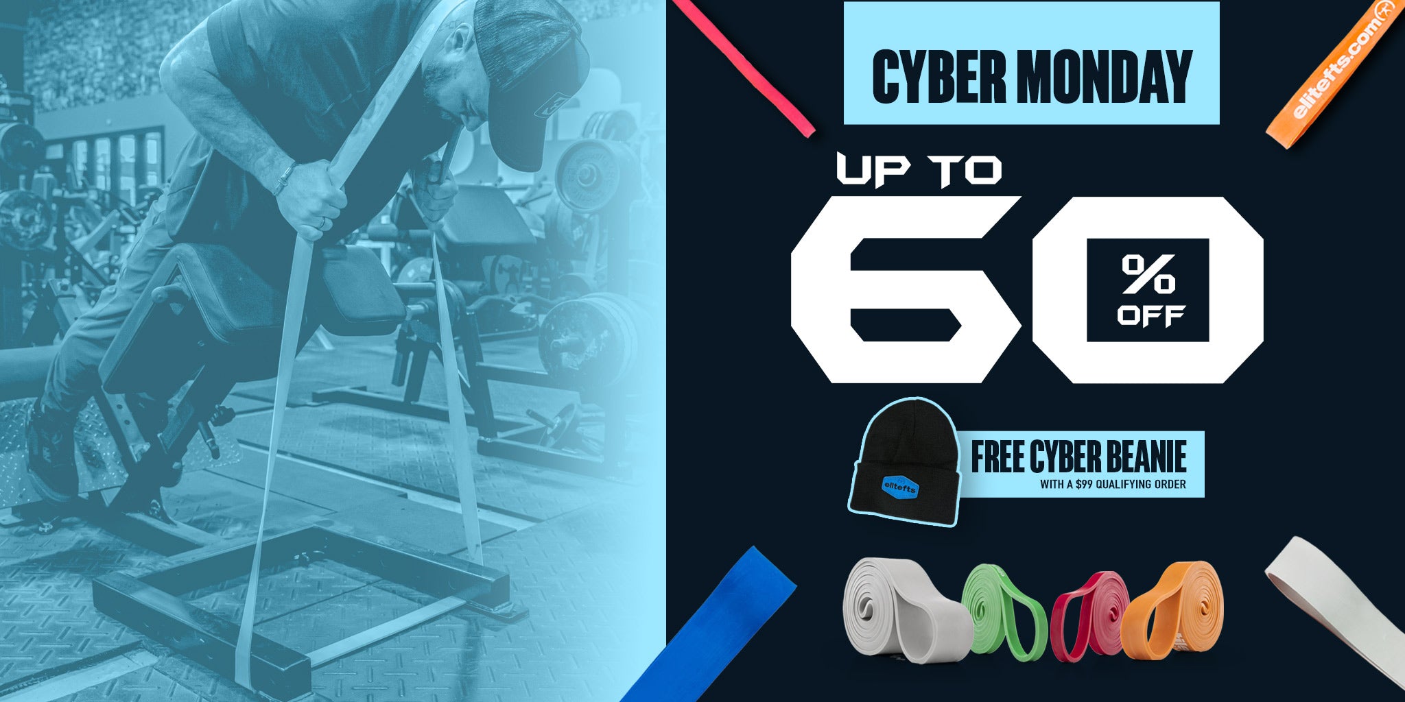 Promotional graphic for Cyber Monday with discounts and free items, featuring a person working on machinery.