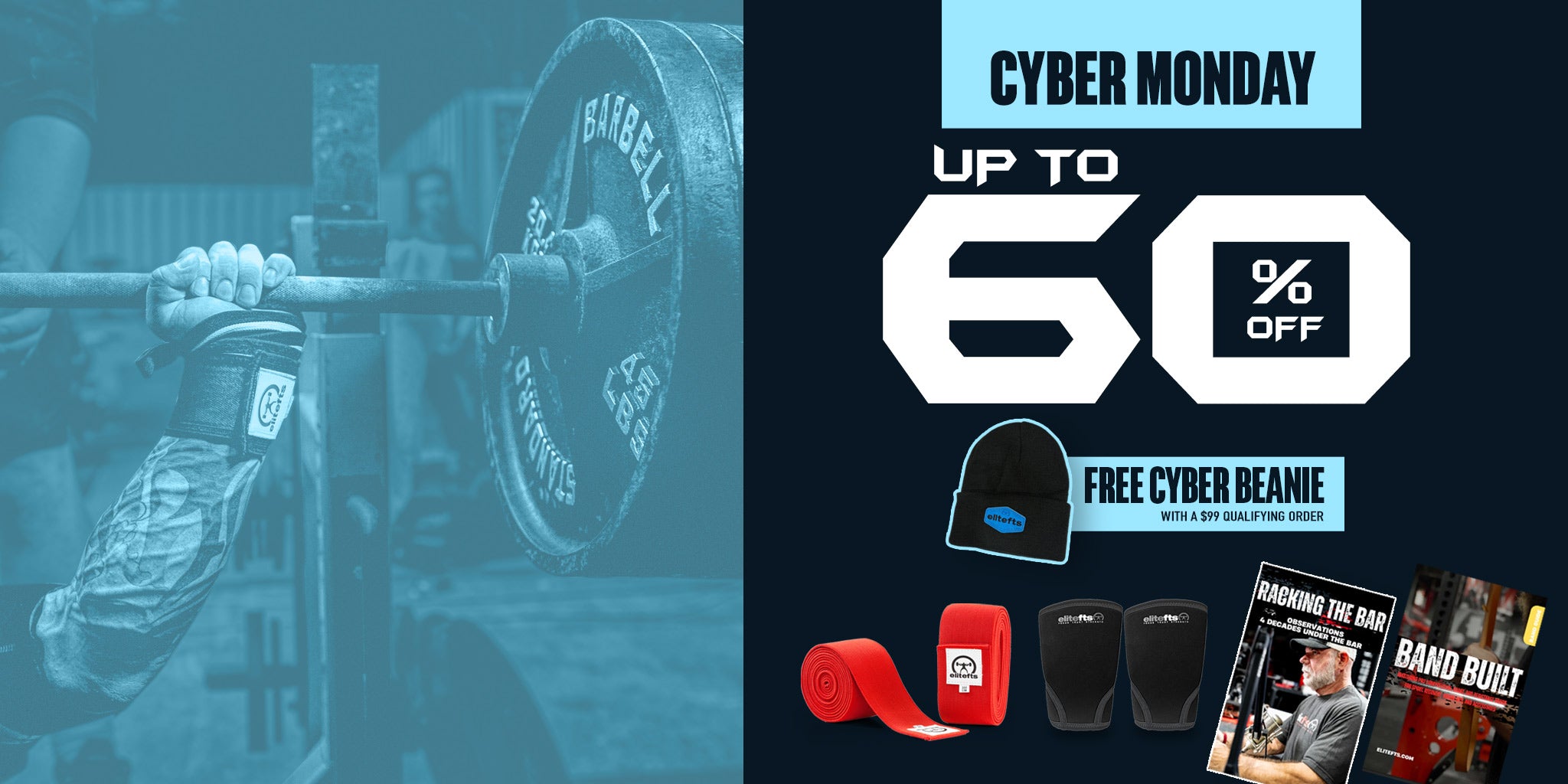 Advertisement for a fitness brand with a barbell and weight plates, featuring a Cyber Monday discount offer.