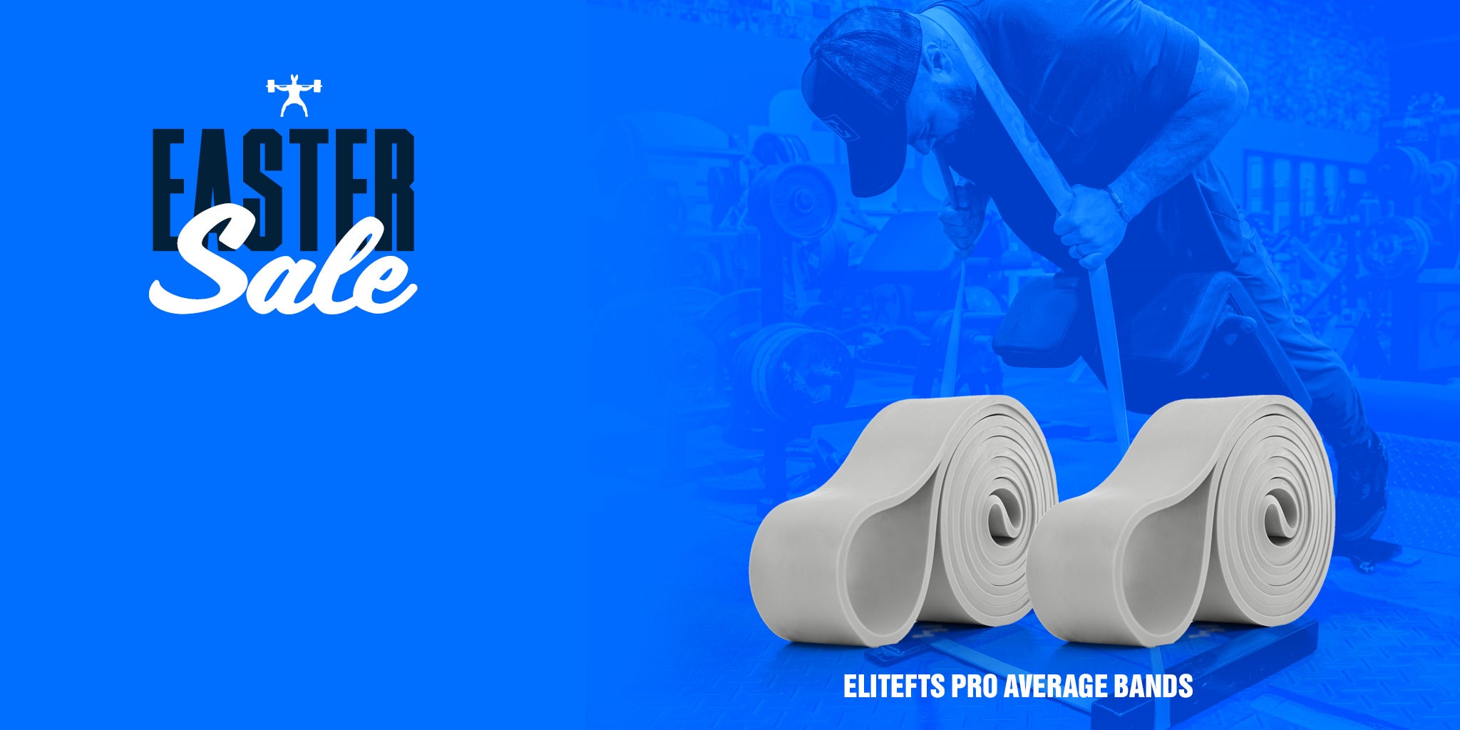 Two white bands with a blue overlay and 'Easter Sale' text.