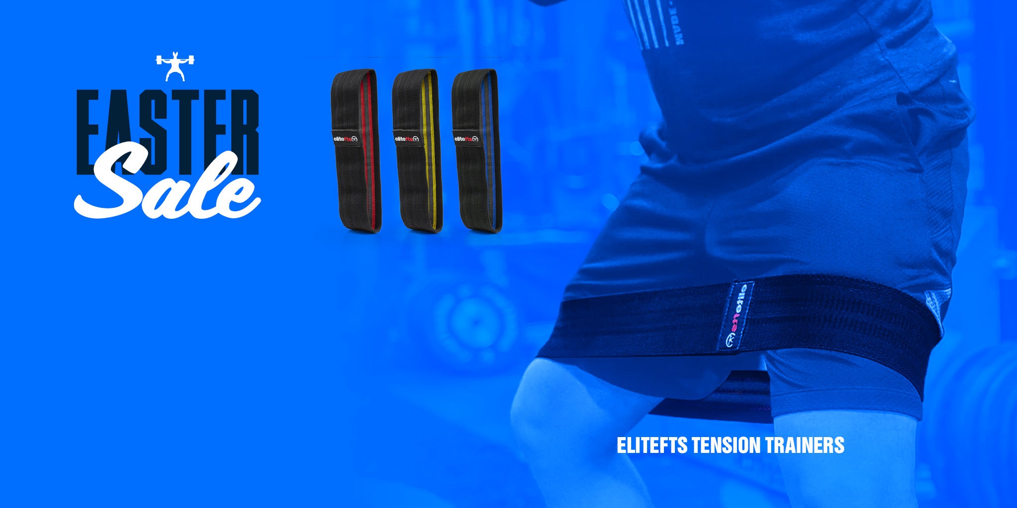 Advertisement for EliteFTS Tension Trainers with a blue background and text.