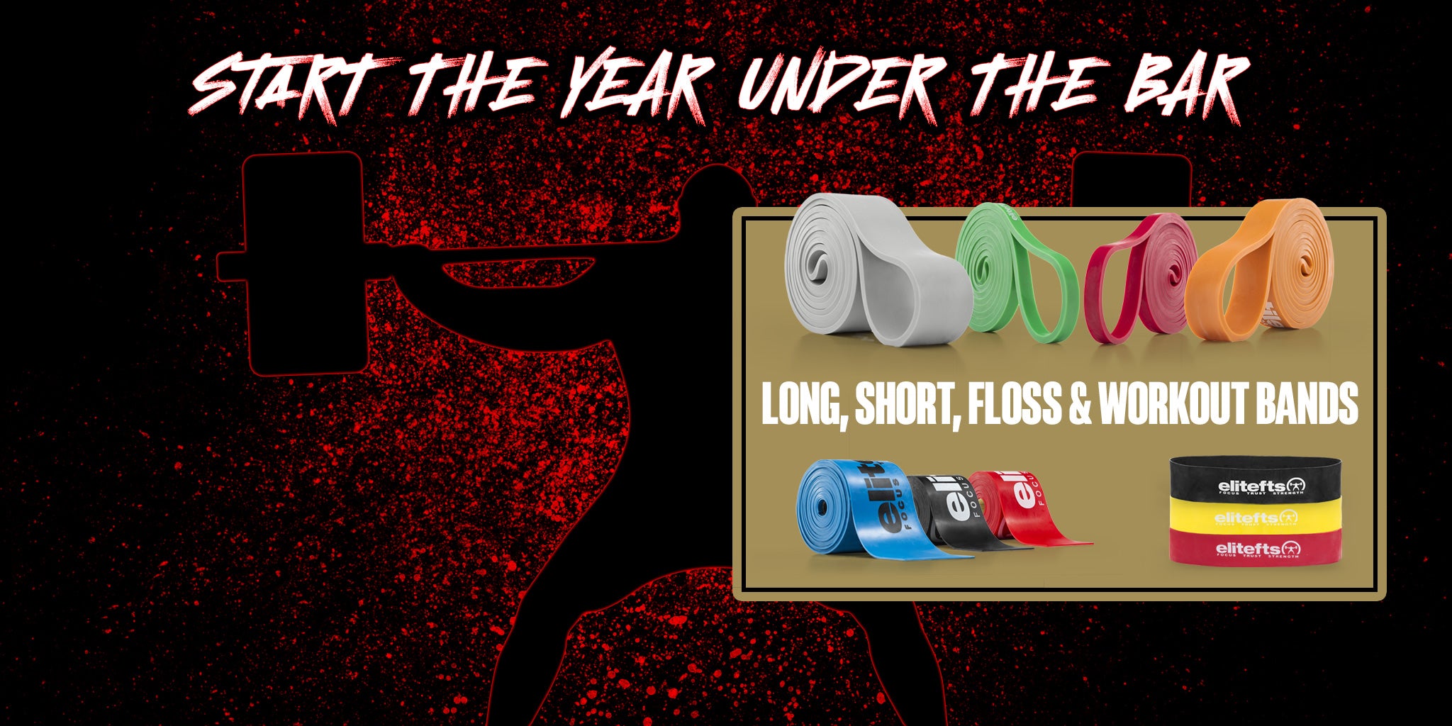 Promotional graphic for workout bands with text 'Start the year under the bar' on a dark background.