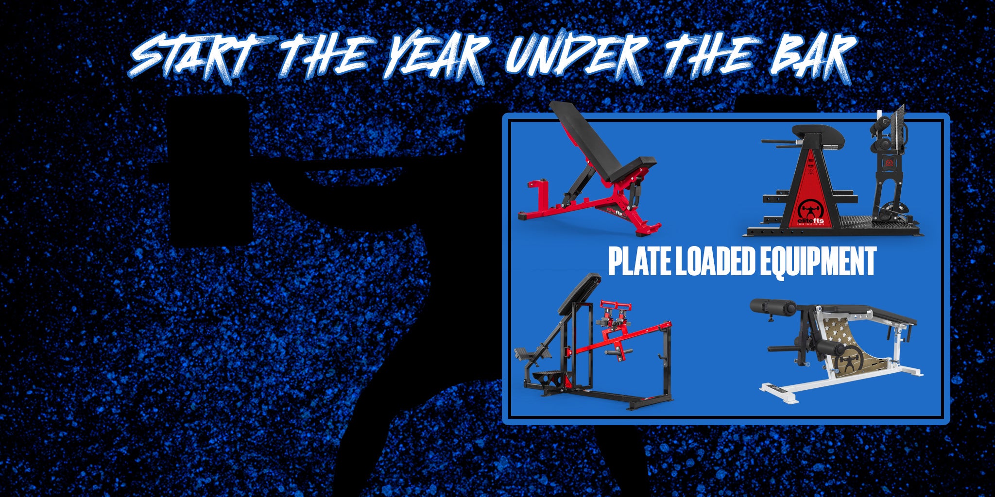Advertisement for plate loaded equipment with text 'Start the year under the bar' on a blue and black gradient background.
