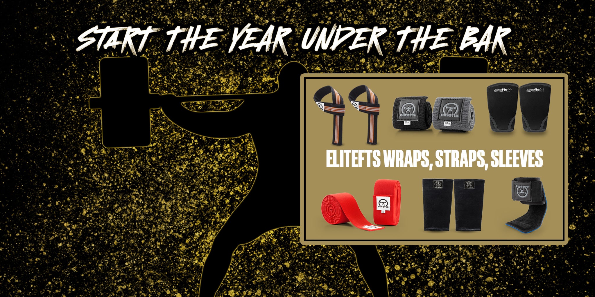 Promotional graphic for ELITEFTS wraps, straps, and sleeves with a silhouette of a person lifting weights on a dark background.