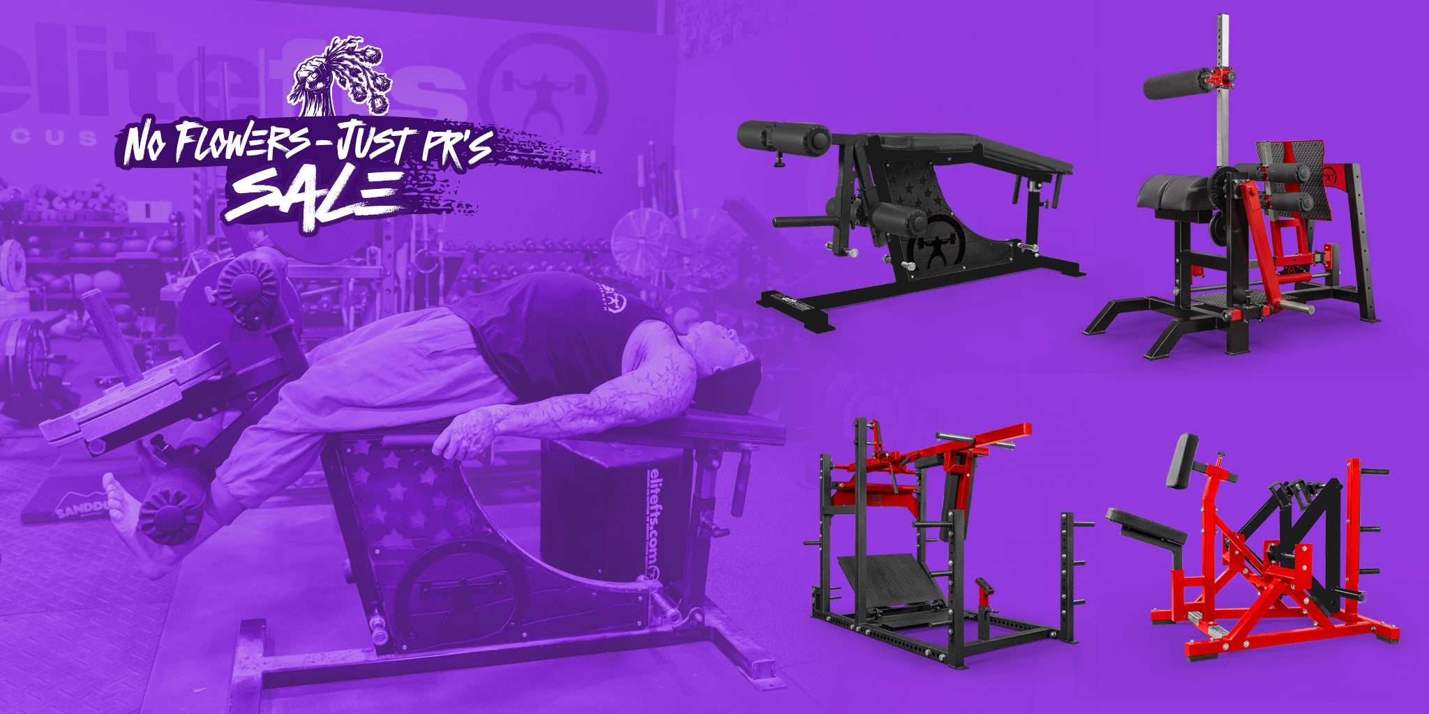 Gym equipment on a purple background with text overlay