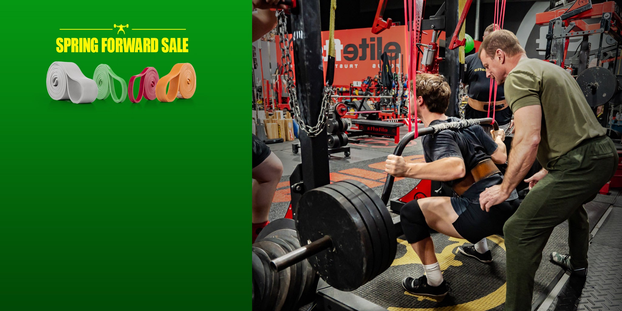 Person lifting weights with a trainer in a gym, Spring Forward Sale banner on the side.