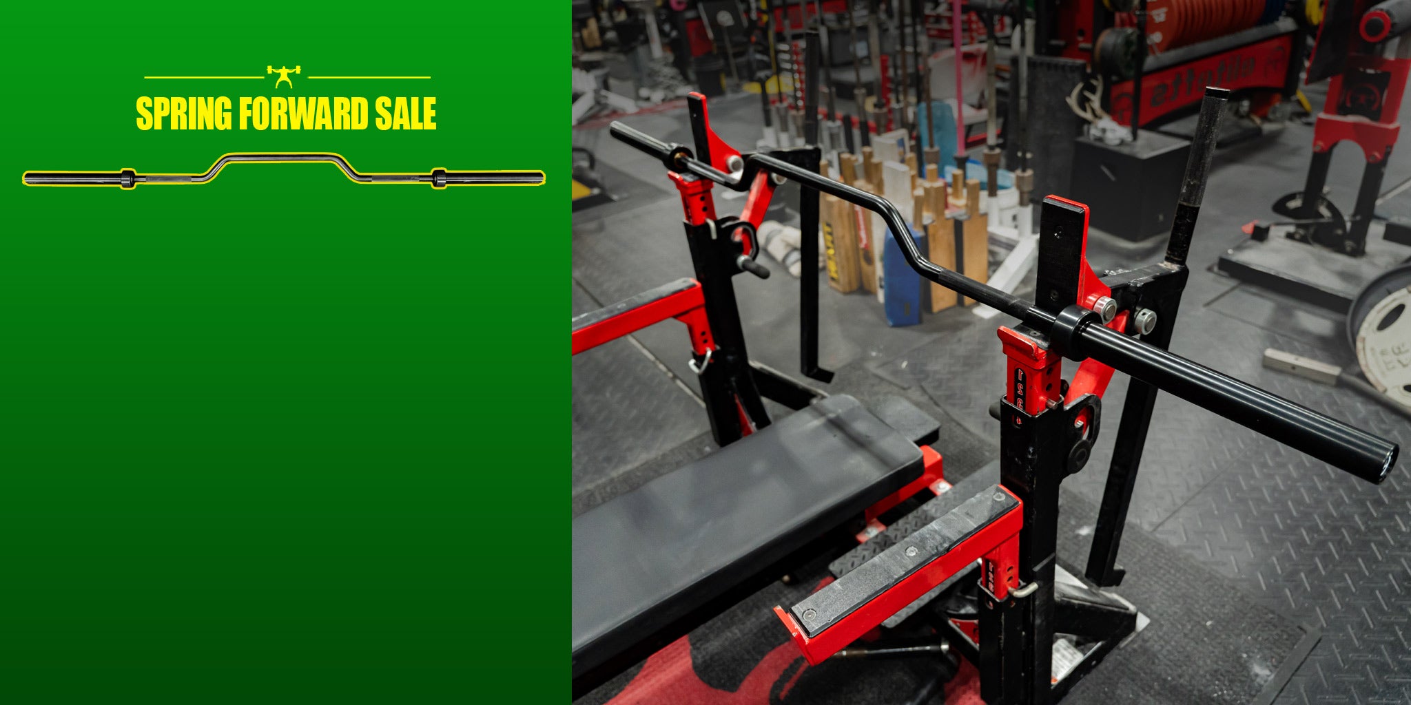 Gym equipment with a 'Spring Forward Sale' banner on the left.