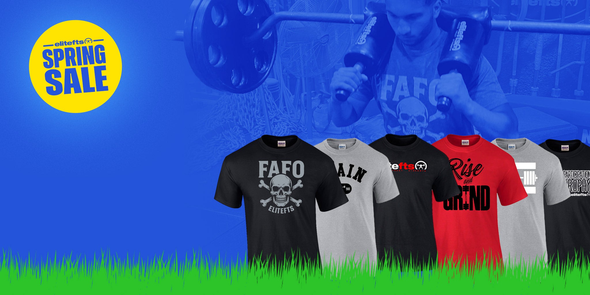 Collection of sports-themed t-shirts with a 'Spring Sale' graphic on a blue and green background.