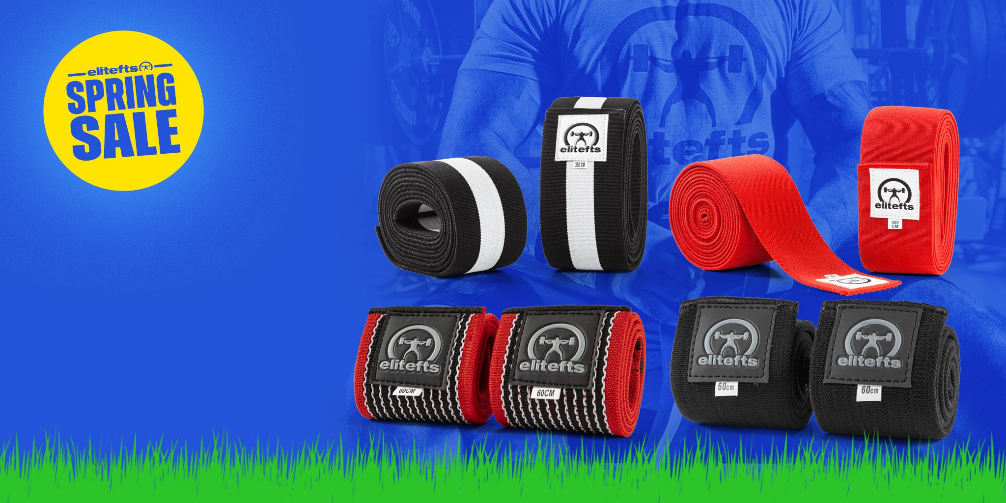 Boxing hand wraps with brand logo on a blue and green background, featuring a spring sale banner.