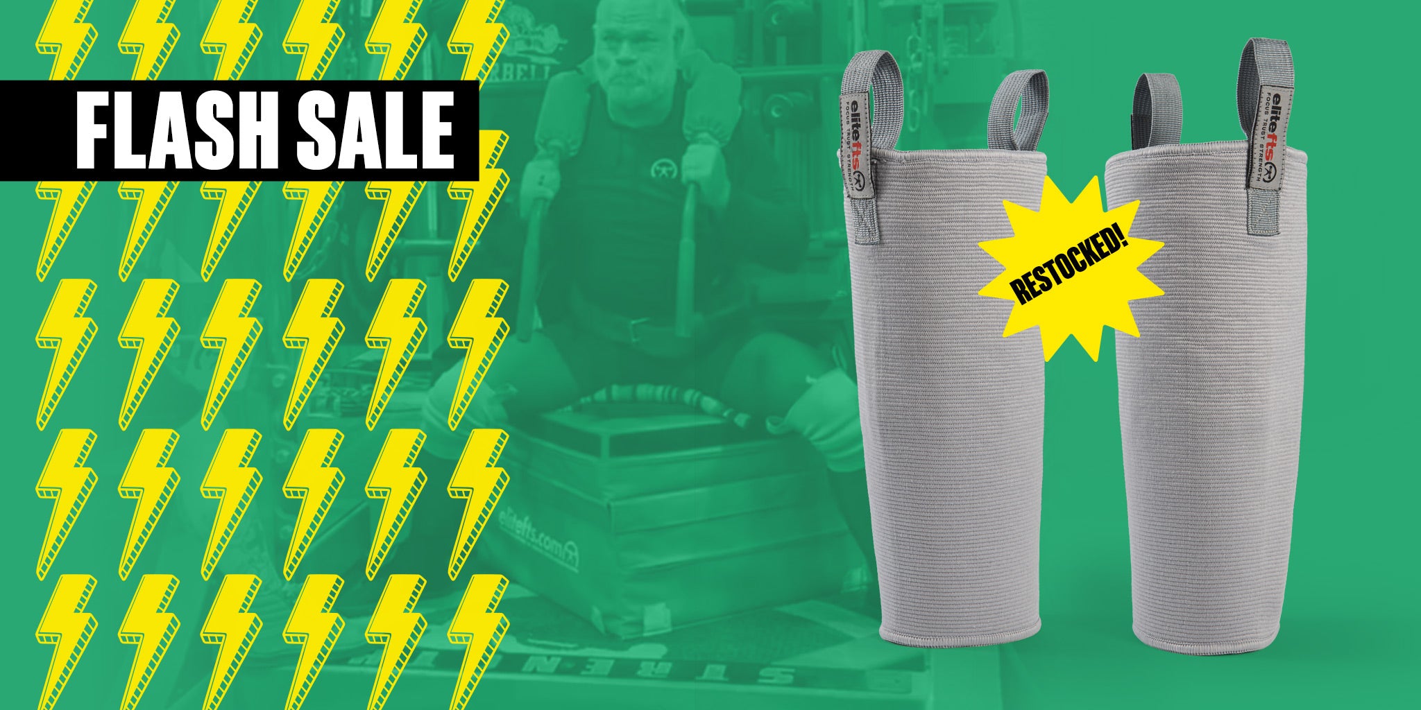 Two gray leggings with a 'RESTOCKED' label on a green background with yellow lightning bolt patterns and a 'FLASH SALE' banner.