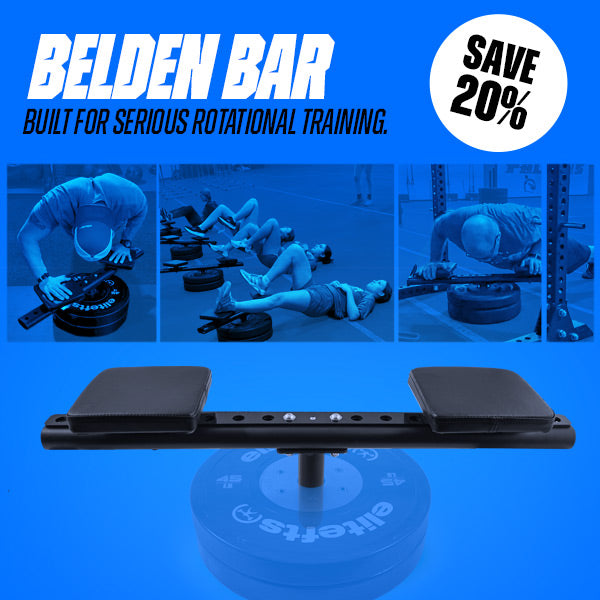 Advertisement for Belden Bar with images of people using it and a discount offer on a blue background.
