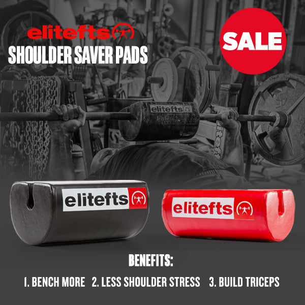 Elitefts shoulder saver pads with a gym setting and 'Sale' label.