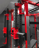 Red and black weightlifting rack in a gym setting