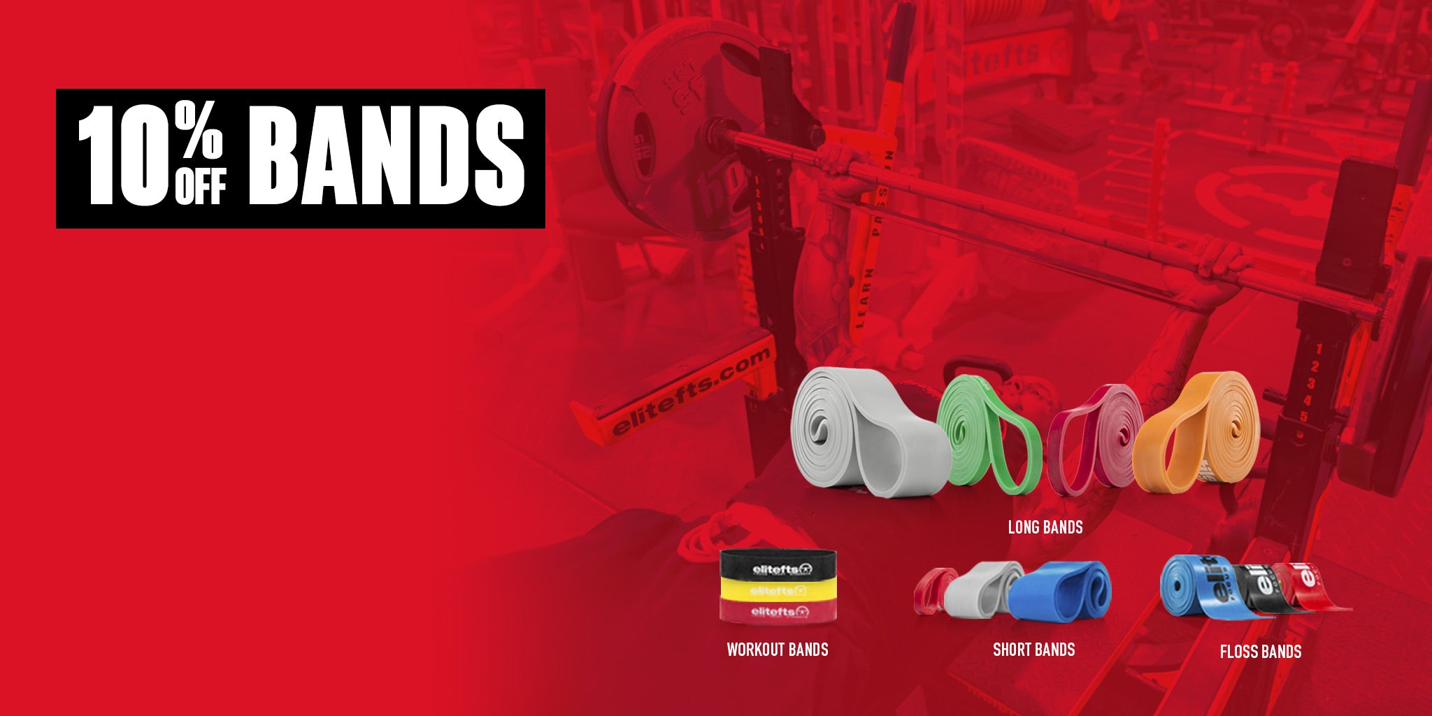 Promotional graphic for resistance bands with a red background and text overlay.