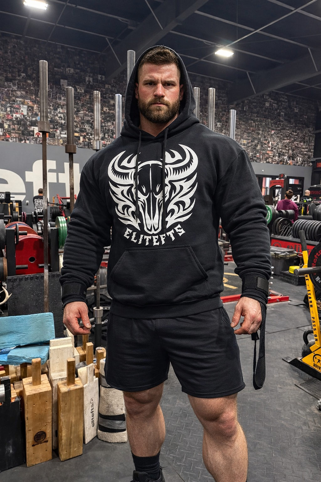 A man wearing a black hoodie with a logo in a gym setting