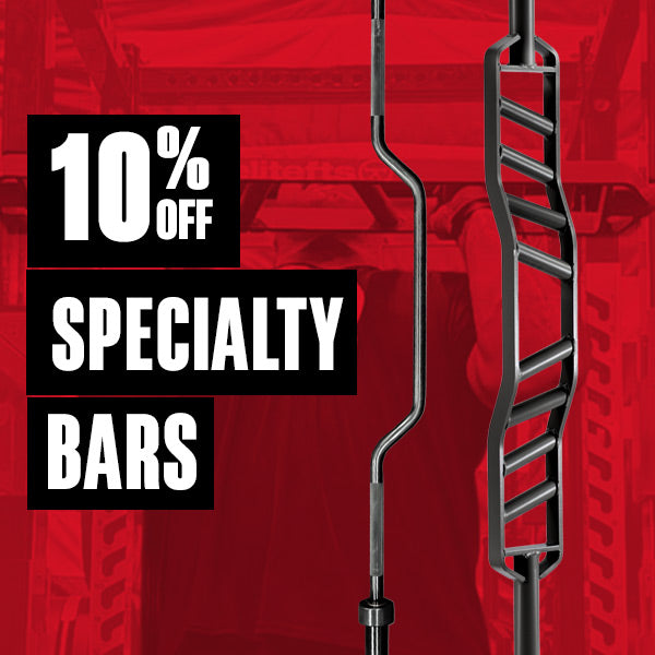 Specialty bars with a 10% off discount on a red background