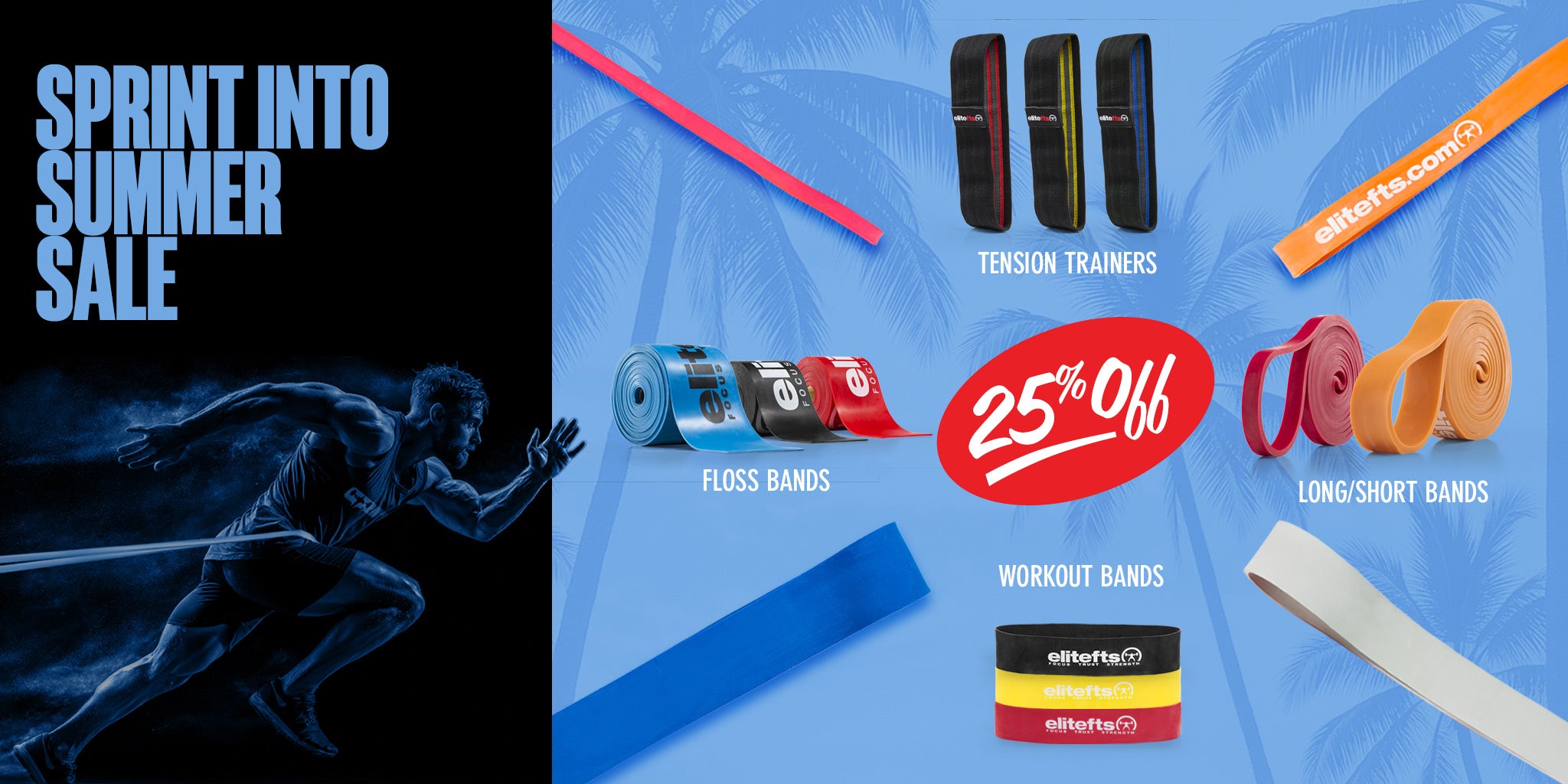 Advertisement for fitness bands with a running person and promotional text on a blue background.