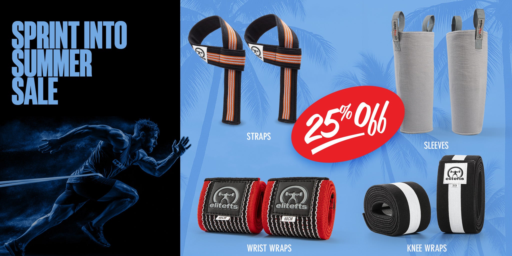 Promotional graphic for a summer sale with fitness equipment on a blue background