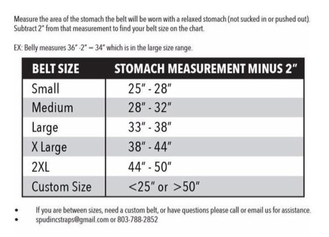 SPUD MEN'S DEADLIFT BELT 3 PLY size chart