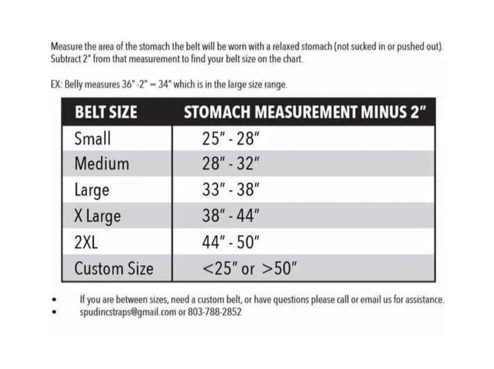 picture of Spud Speedster's Agility Belt size chart