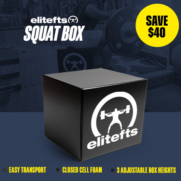 Black squat box with elitefts logo and promotional text on a gym background