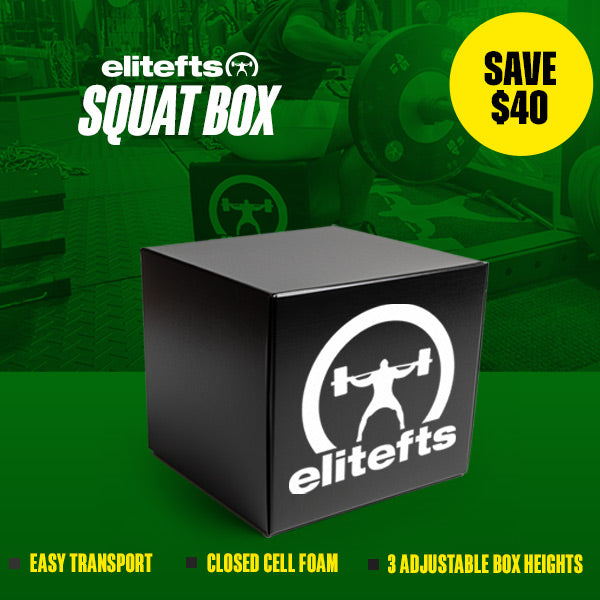 Black 'elitefts' squat box with promotional text on a green background