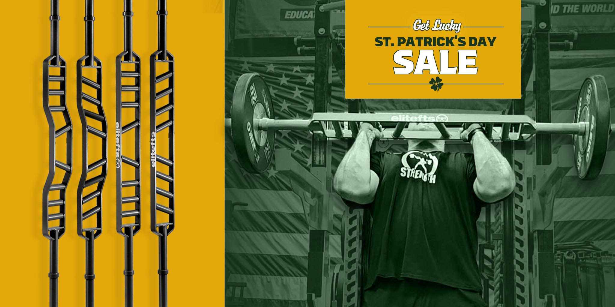 Person lifting weights with a St. Patrick's Day sale banner in the background
