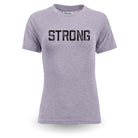 Gray t-shirt with 'STRONG' printed on it against a white background