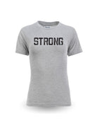 Gray t-shirt with 'STRONG' text on a white background