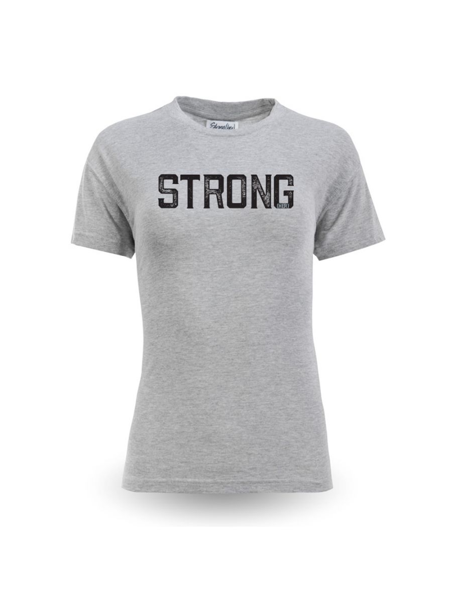 Gray t-shirt with 'STRONG' text on a white background