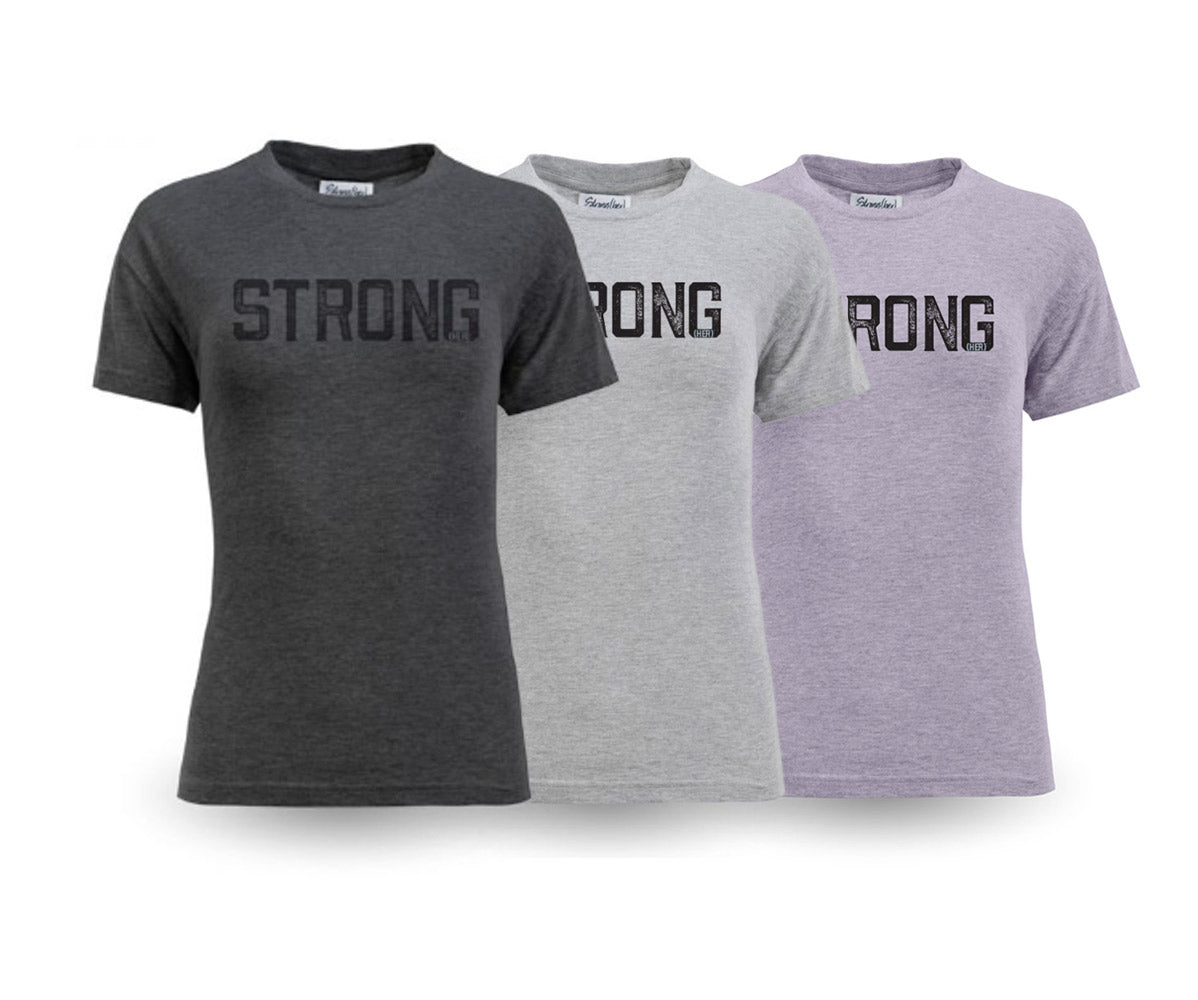 Three t-shirts in gray, white, and purple with 'STRONG' printed on them.