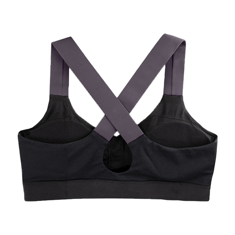 Black sports bra with straps on a white background