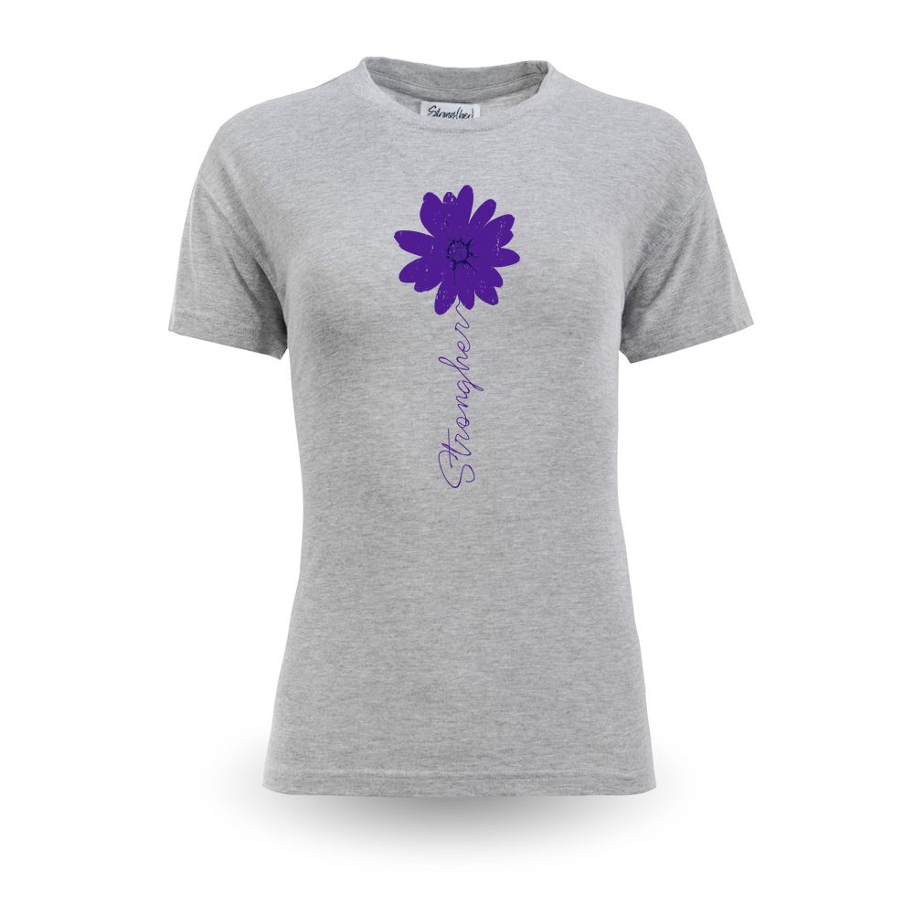 Gray t-shirt with a purple flower and text design on a white background