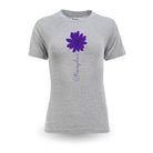 Gray t-shirt with a purple flower and text design on a white background