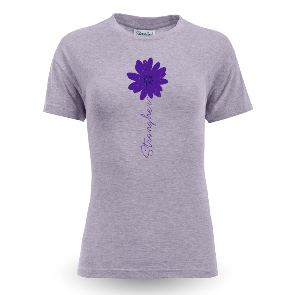 Gray t-shirt with a purple flower and text on a white background