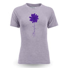 Gray t-shirt with a purple flower and text on a white background