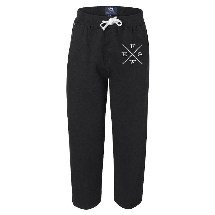 a pair of black open bottom sweatpants with the EFX decal on the left side