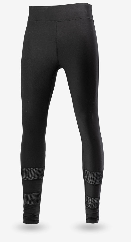 Black leggings with textured panels on a white background