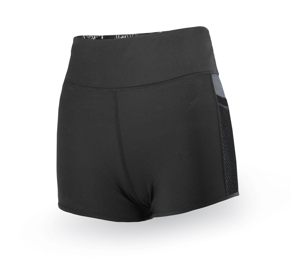 Black athletic shorts with a pocket on a white background