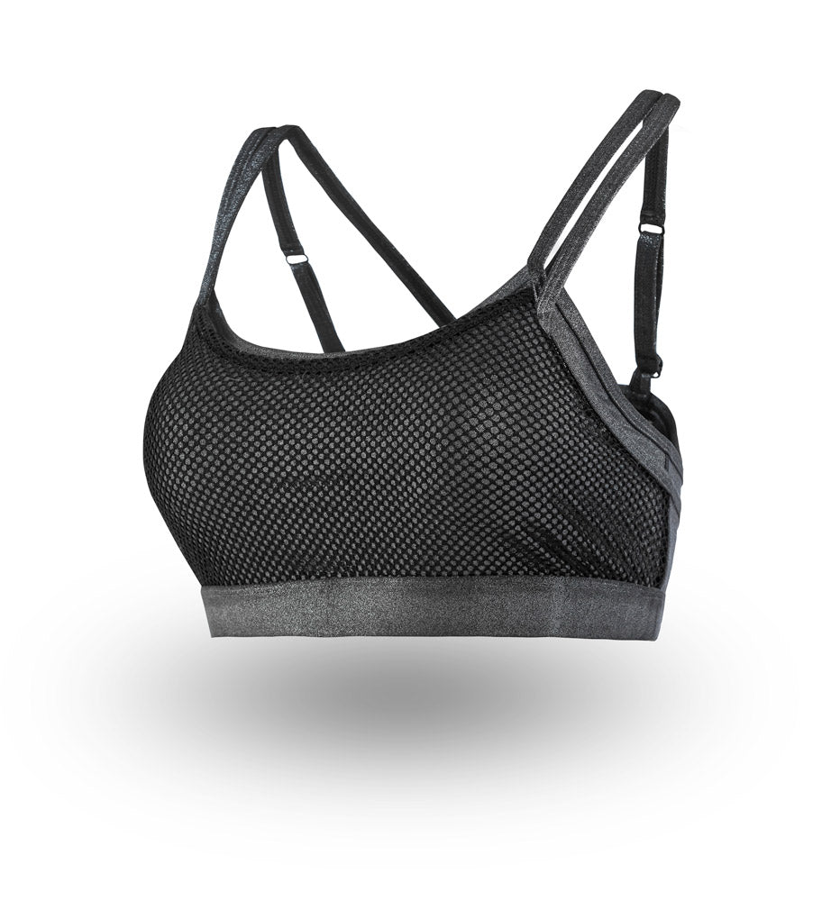 Black sports bra with thin straps on a white background