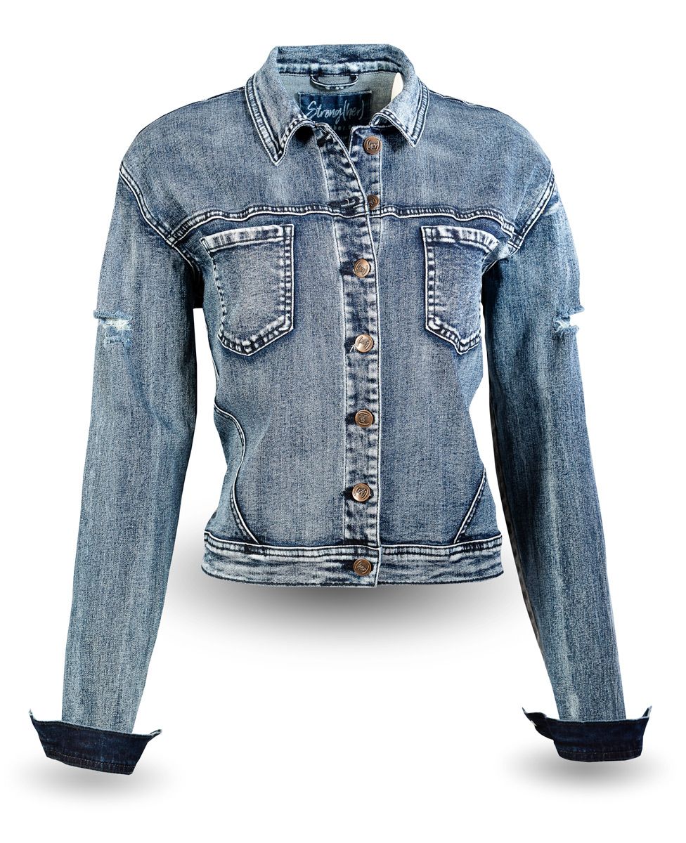 Blue denim jacket on a white background