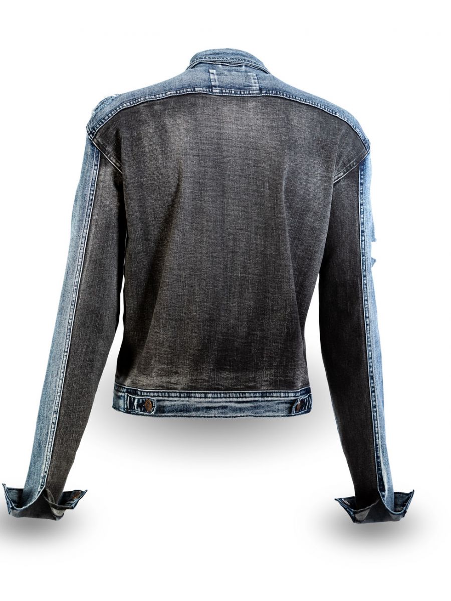 Back view of a denim jacket on a white background